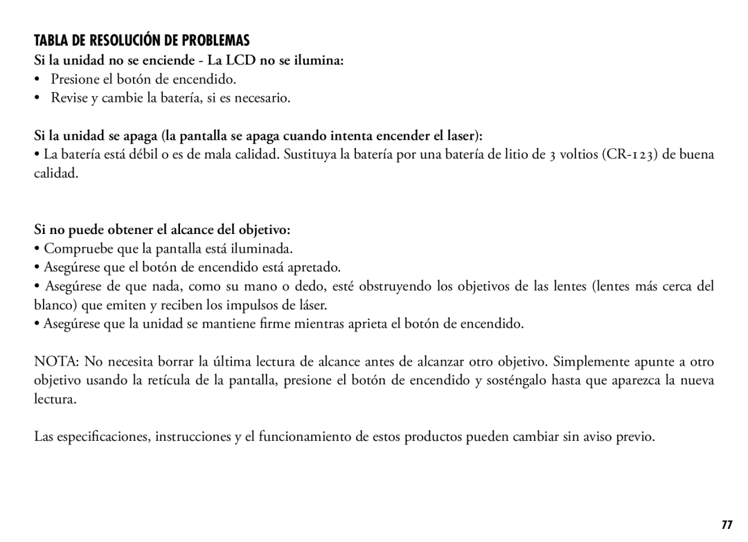 Bushnell 205110 manual Tabla DE Resolución DE Problemas, Si la unidad no se enciende La LCD no se ilumina 