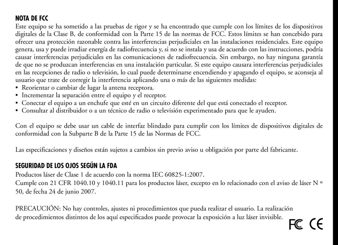 Bushnell 205110 manual Nota de FCC, Seguridad de los ojos según la FDA 