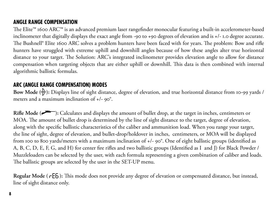 Bushnell 205110 manual ARC Angle Range Compensation Modes 