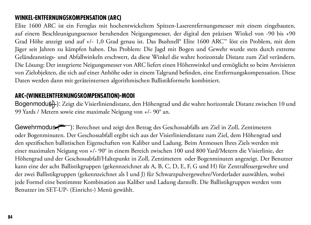 Bushnell 205110 manual Winkel-Entfernungskompensation ARC, ARC-Winkelentfernungskompensation-Modi 