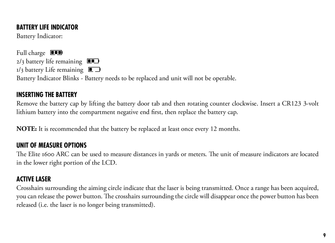 Bushnell 205110 Battery Life Indicator, Battery Indicator Full charge, Inserting the Battery, Unit of Measure Options 