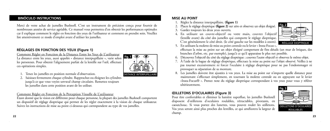 Bushnell 21-Nov Binóculo Instructions, Mise AU Point, Réglages EN Fonction DES Yeux Figure, Œilletons D’OCULAIRES Figure 