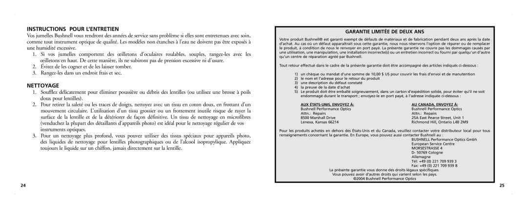 Bushnell 21-Nov manual Instructions Pour L’ENTRETIEN, Nettoyage, Garantie Limitée DE Deux ANS 