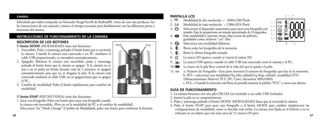 Bushnell 21-Nov manual Instrucciones DE Funcionamiento DE LA Cámara, Descripción DE LOS Botones, Pantalla LCD 