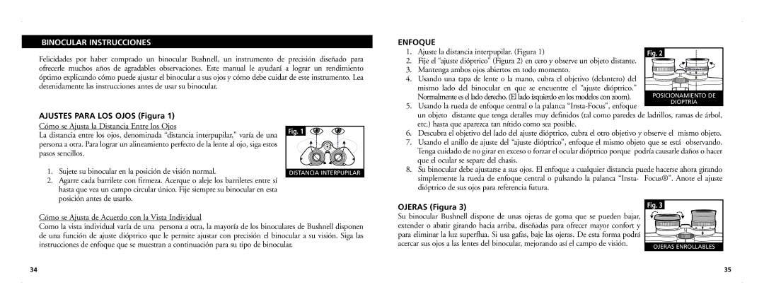 Bushnell 21-Nov manual Binocular Instrucciones, Enfoque, Ajustes Para LOS Ojos Figura, Ojeras Figura 