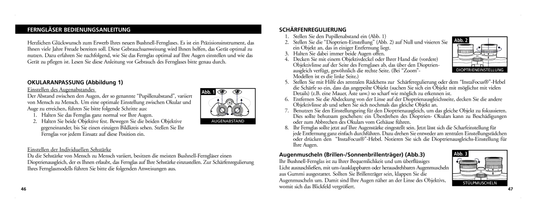 Bushnell 21-Nov manual Ferngläser Bedienungsanleitung, Schärfenregulierung, Okularanpassung Abbildung 