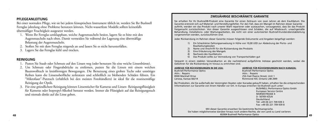 Bushnell 21-Nov manual Pflegeanleitung, Reinigung, Zweijährige Beschränkte Garantie 