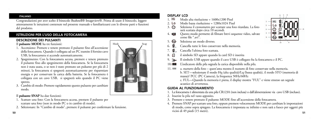 Bushnell 21-Nov manual Istruzioni PER L’USO Della Fotocamera, Descrizione DEI Pulsanti, Display LCD, Guida AL Funzionamento 