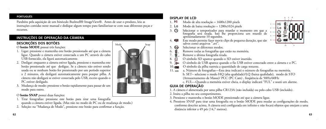 Bushnell 21-Nov manual Instruções DE Operação DA Câmera, Descrições DOS Botões, Display DE LCD, Guia DE Operação 