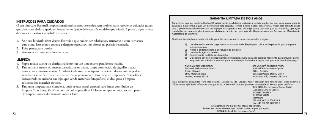 Bushnell 21-Nov manual Instruções Para Cuidados, Evite pancadas e quedas Armazene em um local fresco e seco, Limpeza 