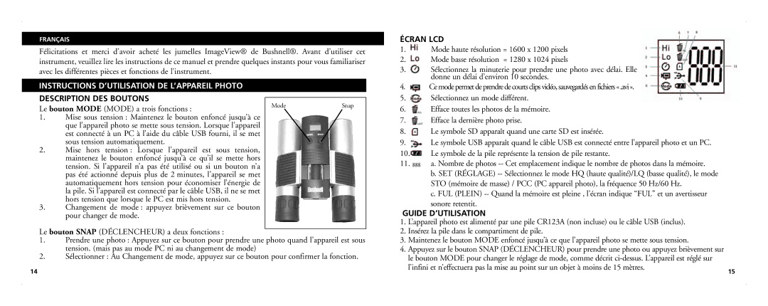 Bushnell 21-Nov Instructions D’UTILISATION DE L’APPAREIL Photo, Description DES Boutons, Écran LCD, Guide D’UTILISATION 