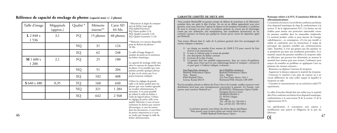 Bushnell 23-Nov instruction manual Mégapixels Qualité Mémoire Carte SD, Interne, Photos 