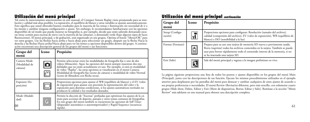 Bushnell 23-Nov instruction manual Utilización del menú principal continuación, Grupo del Icono Propósito Menú 