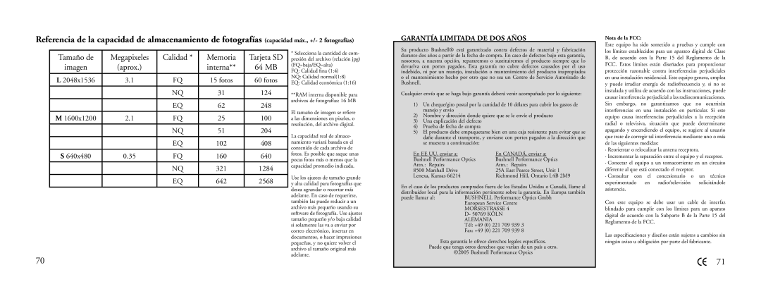 Bushnell 23-Nov instruction manual Calidad Memoria Tarjeta SD, Imagen, Interna 64 MB 