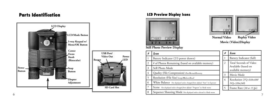 Bushnell 23-Nov LCD Preview Display Icons, Normal Video, Movie VideoDisplay, Still Photo Preview Display, Replay Video 