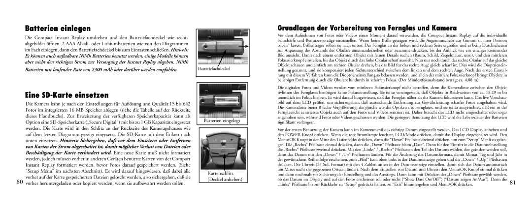 Bushnell 23-Nov Batterien einlegen, Eine SD-Karte einsetzen, Grundlagen der Vorbereitung von Fernglas und Kamera 