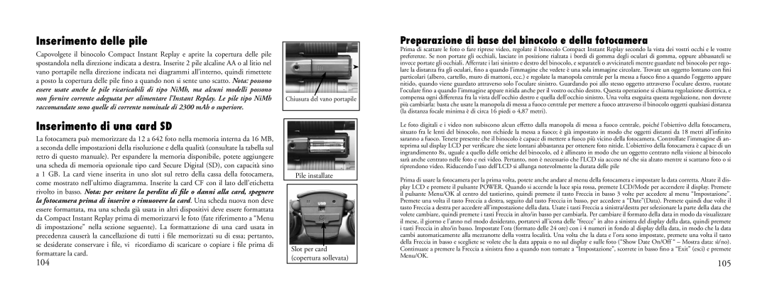 Bushnell 23-Nov Inserimento delle pile, Inserimento di una card SD, Preparazione di base del binocolo e della fotocamera 