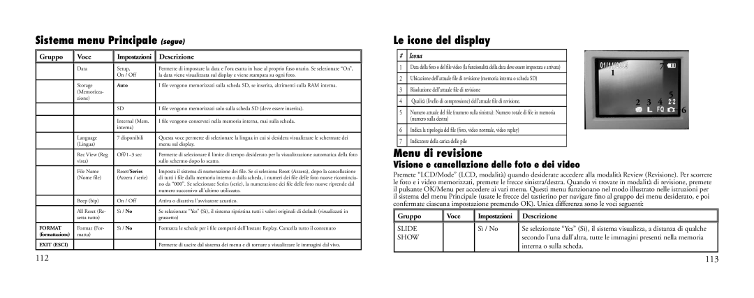 Bushnell 23-Nov instruction manual Sistema menu Principale segue, Le icone del display, Menu di revisione, 113 