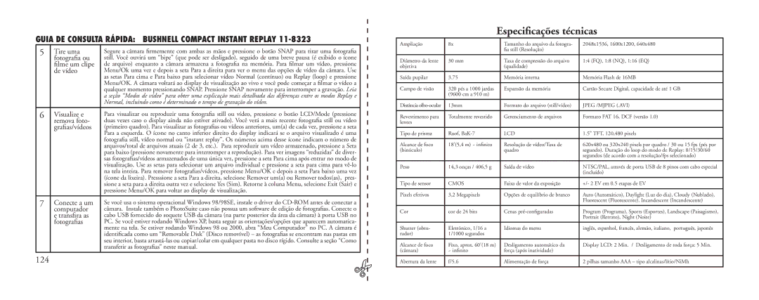 Bushnell 23-Nov instruction manual Especiﬁcações técnicas, 124 