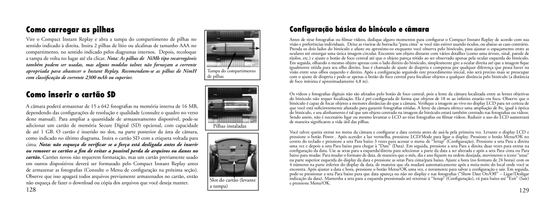 Bushnell 23-Nov Como carregar as pilhas, Como inserir o cartão SD, Conﬁguração básica do binóculo e câmara, 128, 129 