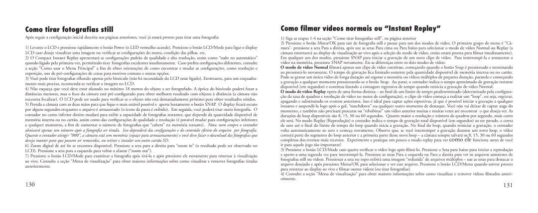 Bushnell 23-Nov instruction manual Como tirar fotograﬁas still, Como ﬁlmar vídeos normais ou Instant Replay, 130, 131 