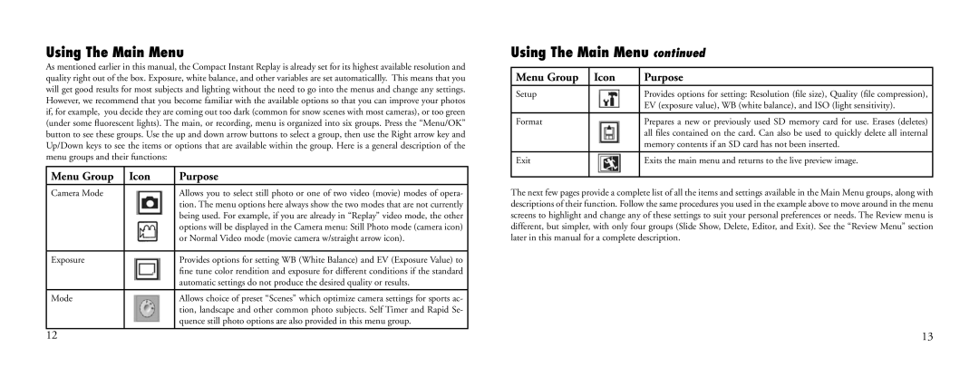 Bushnell 23-Nov instruction manual Using The Main Menu, Menu Group Icon Purpose 