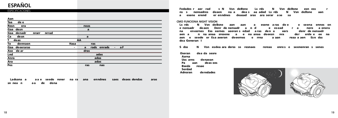 Bushnell 26-0100 instruction manual Español, Especificaciones, Cómo Funciona Night Vision 