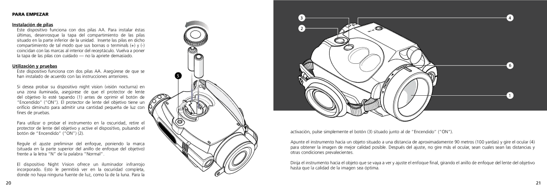 Bushnell 26-0100 instruction manual Para Empezar, Instalación de pilas, Utilización y pruebas 