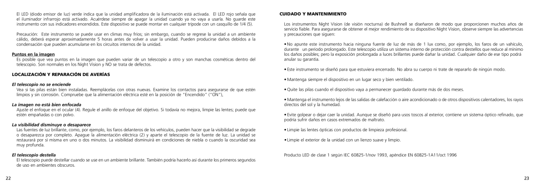 Bushnell 26-0100 El telescopio no se enciende, La imagen no está bien enfocada, La visibilidad disminuye o desaparece 