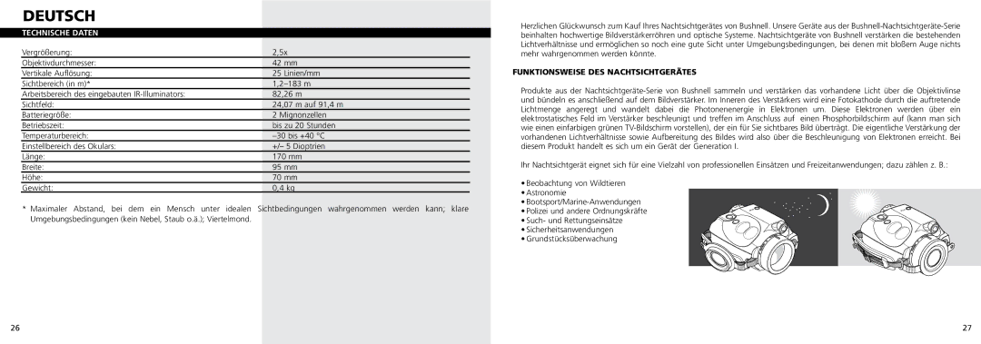 Bushnell 26-0100 instruction manual Deutsch, Technische Daten, Funktionsweise DES Nachtsichtgerätes 