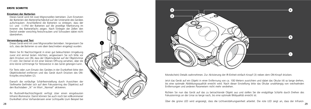 Bushnell 26-0100 instruction manual Erste Schritte, Einsetzen der Batterien, Verwendung und Test 