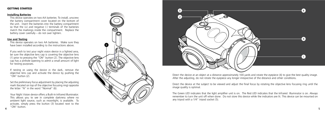 Bushnell 26-0100 instruction manual Getting Started, Installing Batteries, Use and Testing 