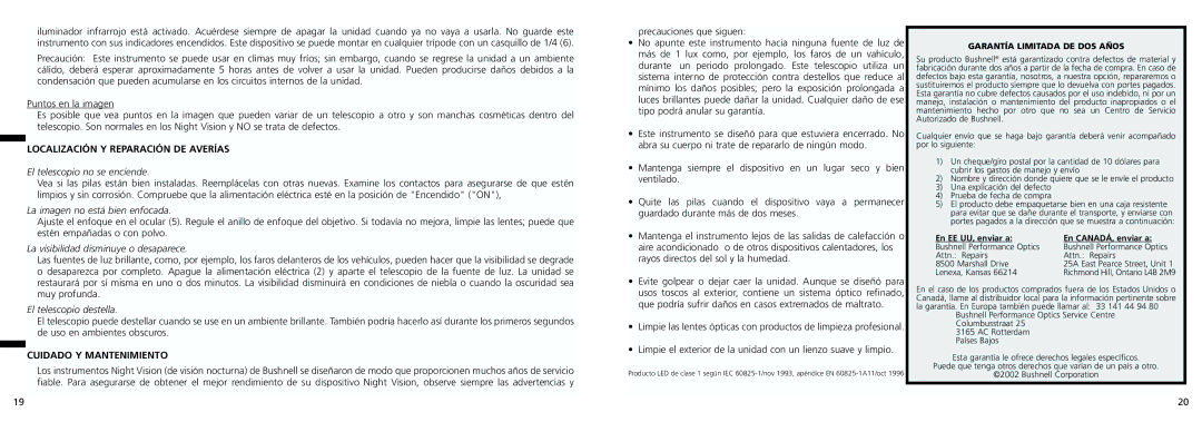 Bushnell 26-0100W, 26-0200, 26-0102 instruction manual Localización Y Reparación DE Averías, Cuidado Y Mantenimiento 