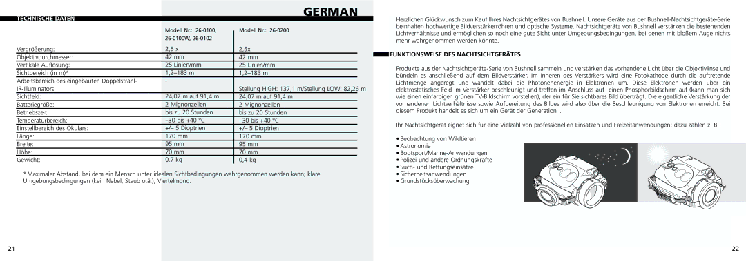 Bushnell 26-0200, 26-0102, 26-0100W instruction manual German, Technische Daten, Funktionsweise DES Nachtsichtgerätes 