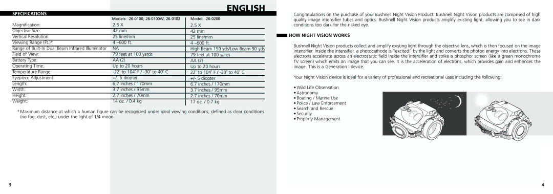 Bushnell 26-0100W, 26-0200, 26-0102 instruction manual English, Specifications, HOW Night Vision Works 