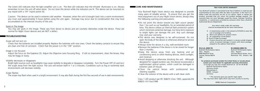 Bushnell 26-0200, 26-0102, 26-0100W instruction manual Troubleshooting, Care and Maintenance 