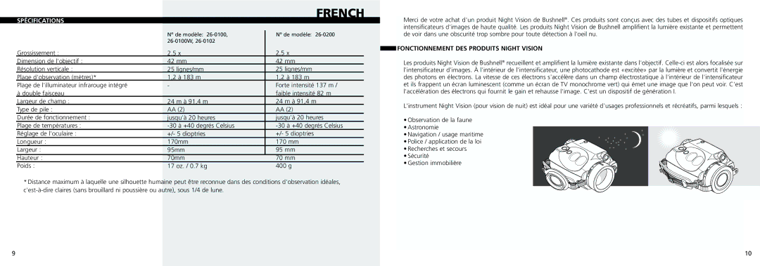 Bushnell 26-0102, 26-0200, 26-0100W instruction manual French, Spécifications, Fonctionnement DES Produits Night Vision 