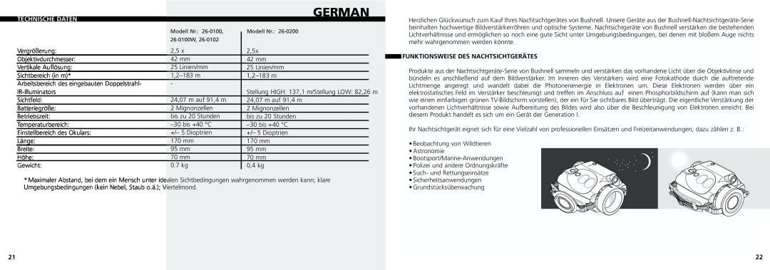 Bushnell 26-0200, 26-0102, 26-0100W instruction manual German, Technische Daten, Funktionsweise Des Nachtsichtgerätes 