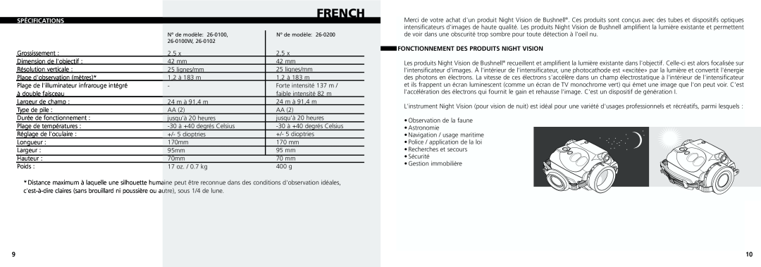 Bushnell 26-0102, 26-0200, 26-0100W instruction manual French, Spécifications, Fonctionnement Des Produits Night Vision 