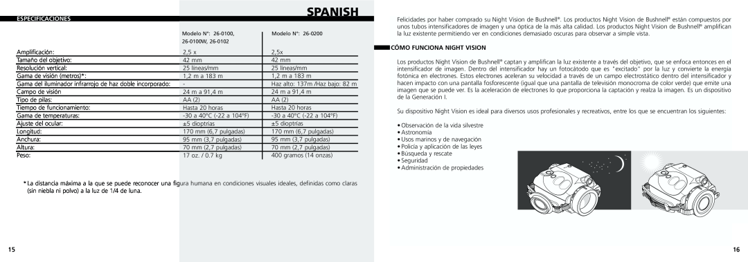 Bushnell 26-0200, 26-0102, 26-0100W instruction manual Spanish, Especificaciones, Cómo Funciona Night Vision 