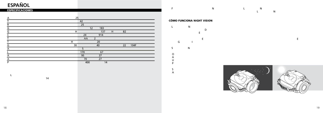 Bushnell 26-0200 instruction manual Español, Especificaciones, Cómo Funciona Night Vision 