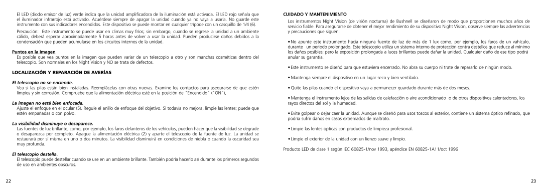Bushnell 26-0200 El telescopio no se enciende, La imagen no está bien enfocada, La visibilidad disminuye o desaparece 