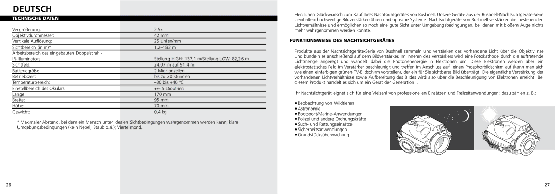 Bushnell 26-0200 instruction manual Deutsch, Technische Daten, Funktionsweise DES Nachtsichtgerätes 