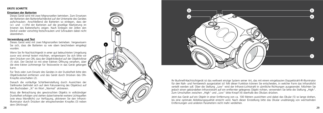 Bushnell 26-0200 instruction manual Erste Schritte, Einsetzen der Batterien, Verwendung und Test 