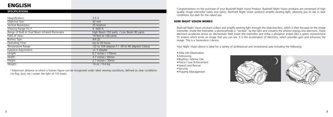 Bushnell 26-0200 instruction manual Specifications, HOW Night Vision Works 