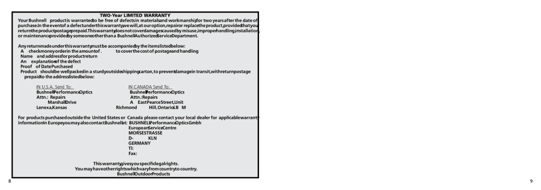 Bushnell 26-0200 instruction manual TWO-Year Limited Warranty, U.S.A. Send To Canada Send To 