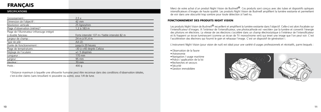 Bushnell 26-0200 instruction manual Français, Spécifications, Fonctionnement DES Produits Night Vision 