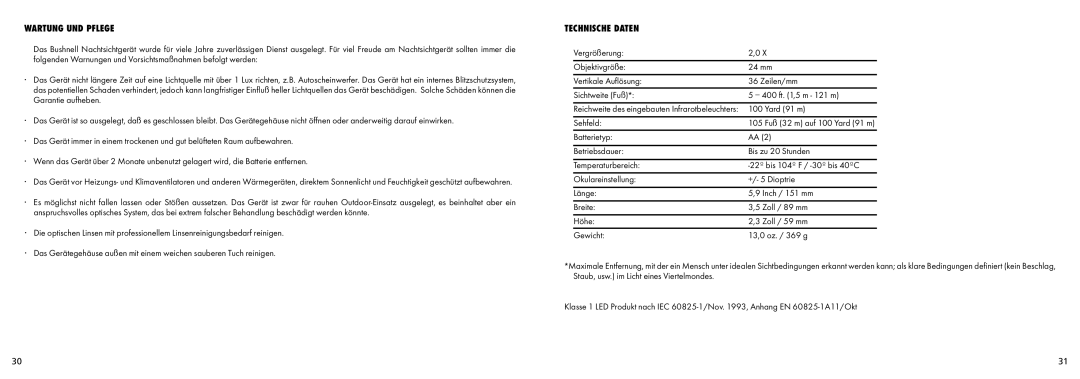 Bushnell 26-0224 instruction manual Wartung UND Pflege, Technische Daten 