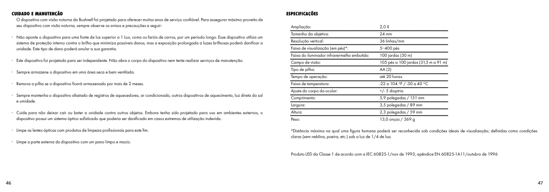 Bushnell 26-0224 instruction manual Cuidado E Manutenção, Especificações 