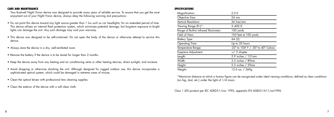 Bushnell 26-0224 instruction manual Care and Maintenance, Specifications 